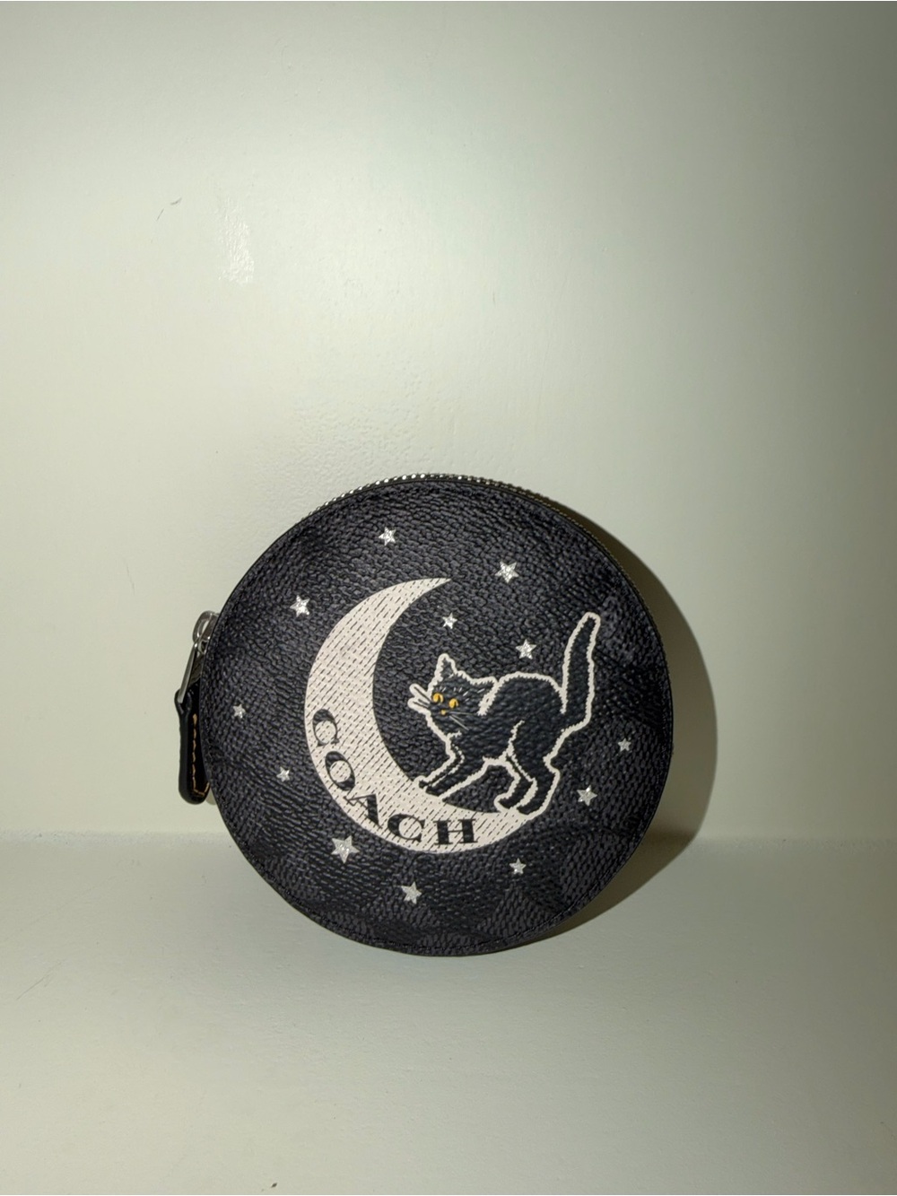 Coach Black Round Coin Pouch with Moon & Cat Motif